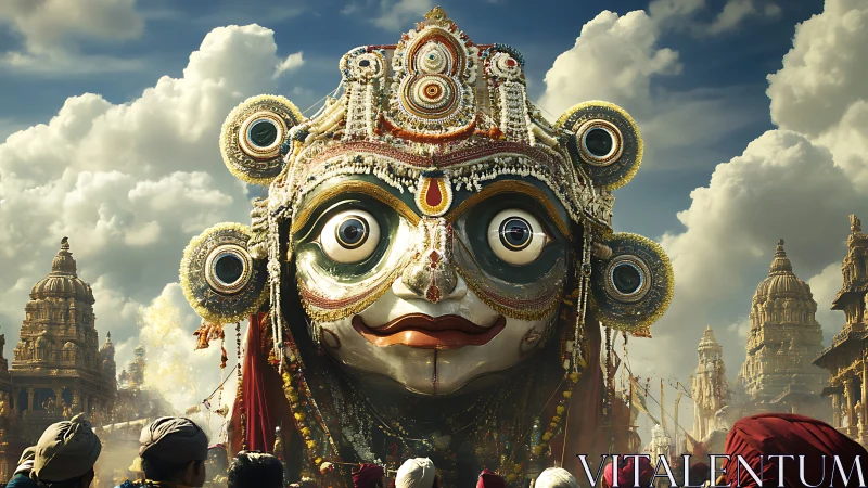 Joyful festival giant deity head amid temple towers.