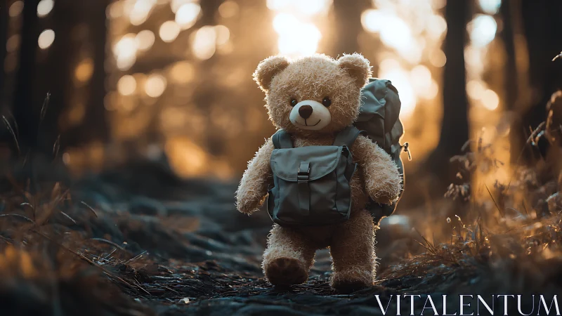 Curious teddy bear steps into a golden forest adventure