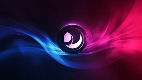 Glowing circular logo divides neon blue and pink energy waves