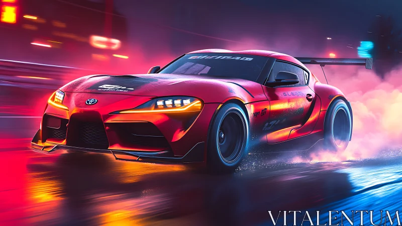 Neon-lit Toyota Supra drifts through a rain-soaked cyber street.