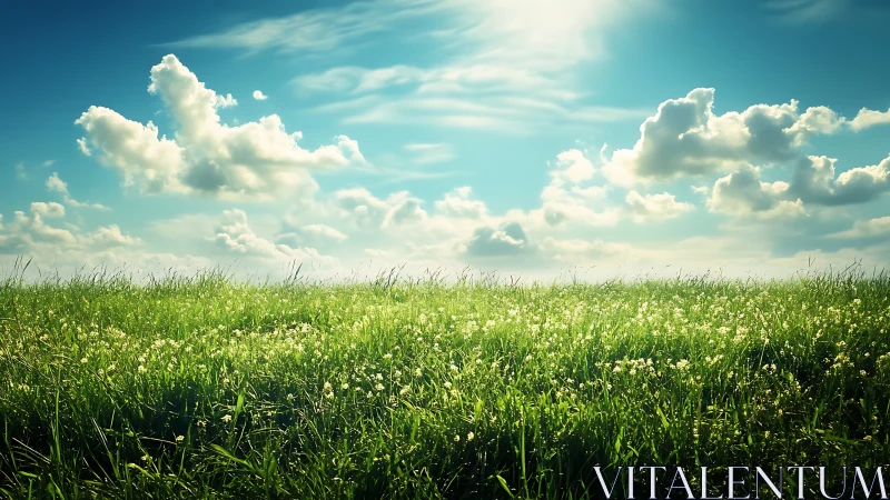 Sunlit wildflower meadow under a bright, endless sky.