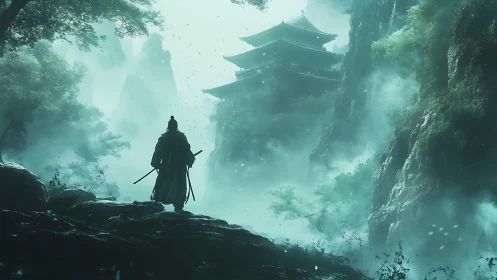 Lone samurai approaching misty mountain temple at dawn.