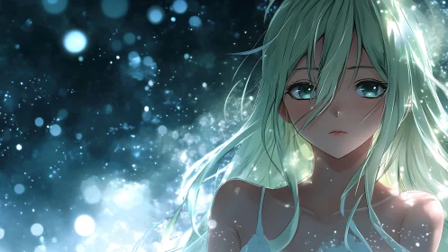 Melancholic anime girl amid glowing aqua bokeh lights.