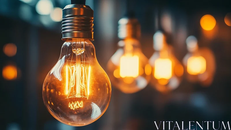 Close-up view of illuminated filament light bulbs in row.