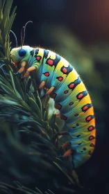 Macro study of iridescent caterpillar anatomy on conifer needles