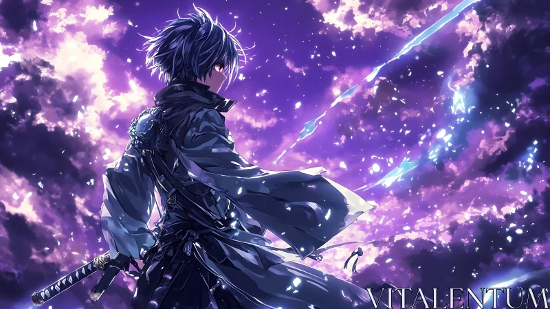 Sword-wielding figure before violet storm sky at dusk.