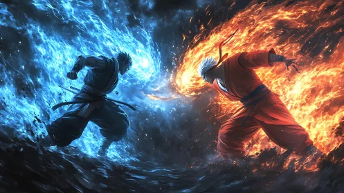 Dual elemental fighters confront each other in symmetrical clash