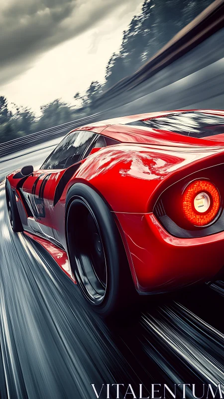 Red performance race car storms wet circuit in motion blur.