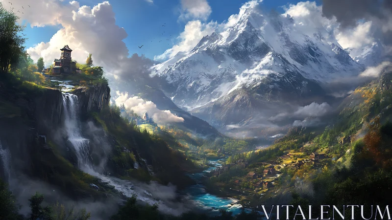 Snowcapped mountain valley frames river and cliffside temple