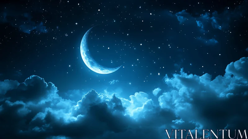 Moonlit crescent cradles quiet stars above roaming clouds