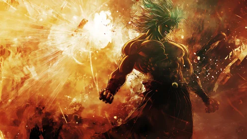 Fiery anime warrior erupts with explosive golden power surge.