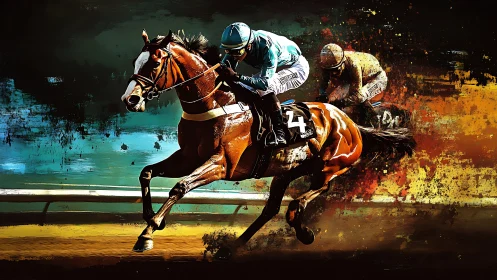 Dynamic racehorse sprint rendered in explosive color fields.
