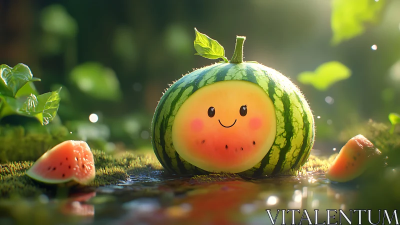 Smiling kawaii watermelon rendered in luminous digital painting