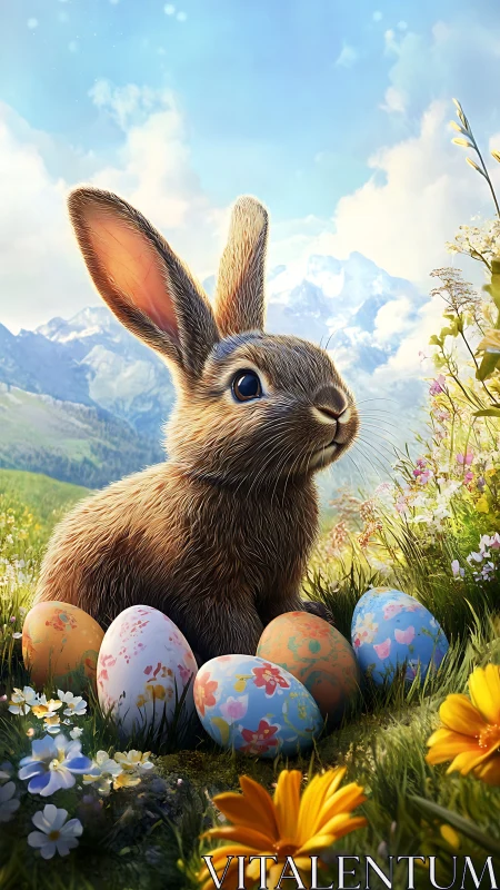 Cute brown rabbit sitting among colorful Easter eggs.