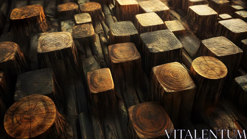 Cut wooden blocks in dense grid under directional light.