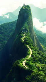 Winding cliffside path leading to a misty sky temple summit.