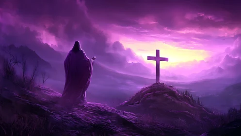 Purple atmospheric landscape frames robed figure facing illuminated cross