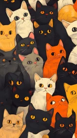 Densely Layered Feline Composition with Contrasting Warm Color Palette.