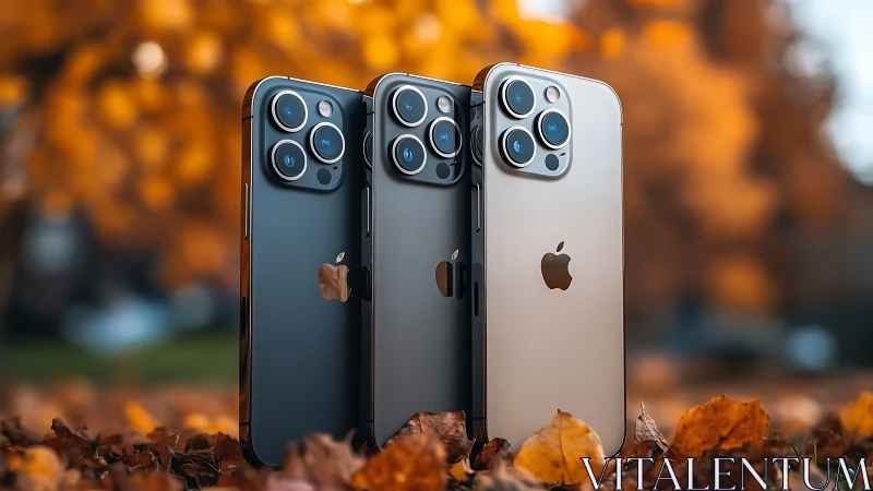 Three iPhones Strike Autumn Gold Poses Among Fallen Leaves