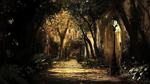 Sunlit old courtyard walkway under dense autumn trees.