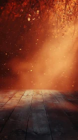 Autumn's Fiery Descent: Glowing Foliage Above Weathered Wood.