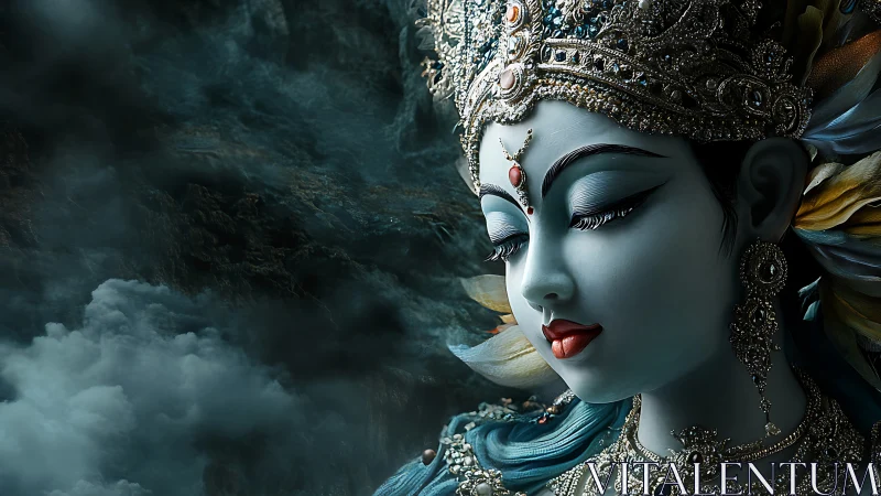 Divine blue goddess portrait amid storm clouds detail.