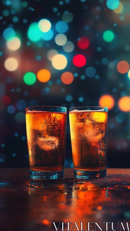 Two glasses of cola with ice on reflective surface.