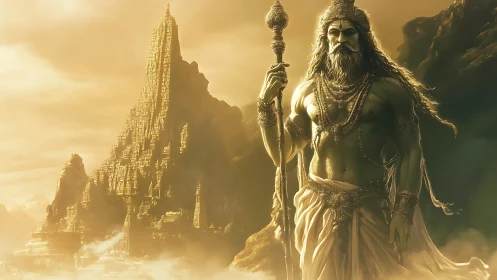 Ancient mountain guardian stands watch in golden misted light