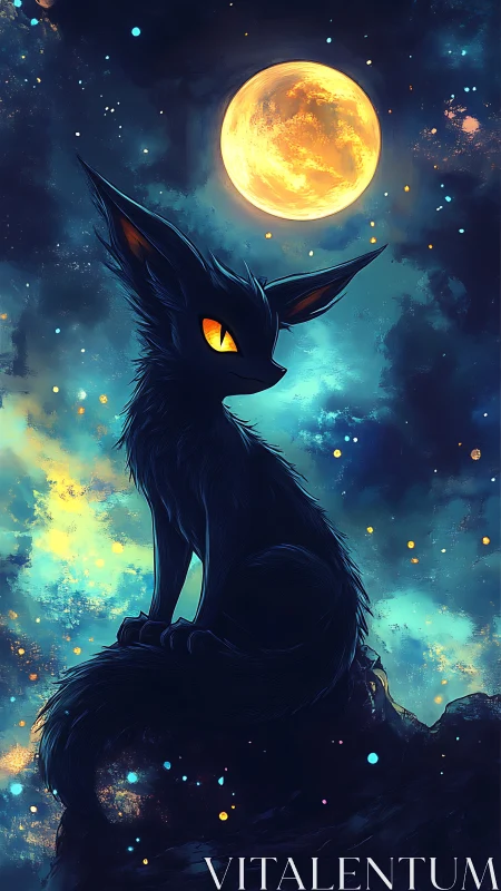 Moonlit fox spirit perched in a nebula of quiet sparks.