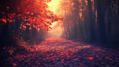 Autumn Forest Path Illuminated by Golden Hour Sunlight