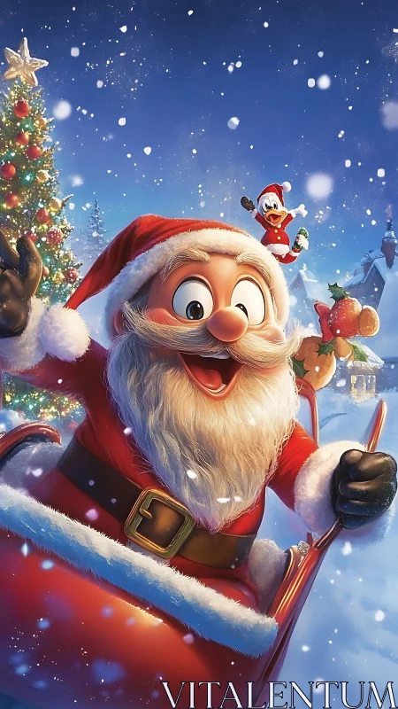 Santa rockets through snow while a tiny helper cartwheels joy