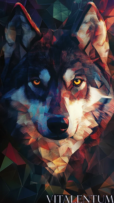 Geometric wolf portrait with prismatic light shards.