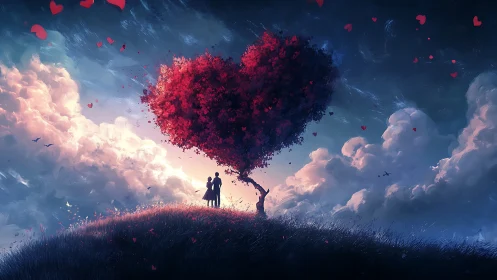 Silhouetted Couple Beneath Particle Heart Cloud Formation