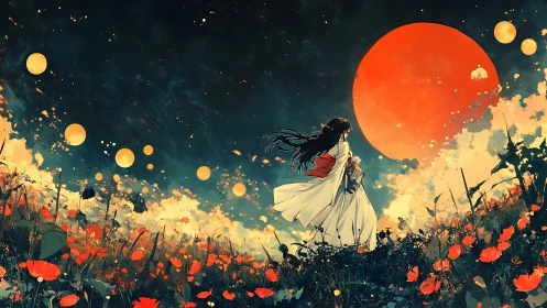Girl in white gazes at blazing red moon above wildflowers