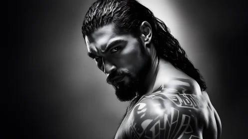 High-contrast monochrome portrait of muscular man with tribal tattoos