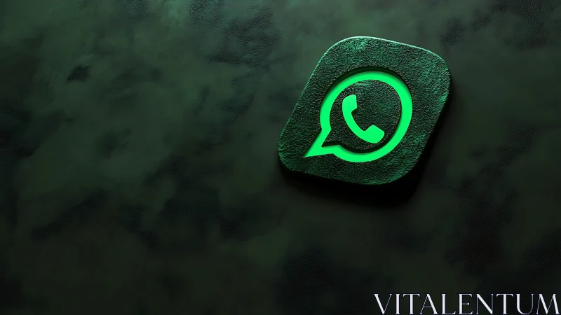 Neon WhatsApp Logo on Textured Stone Surface with Emerald Glow