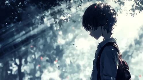 Solitary student wearing headphones in dappled forest light.