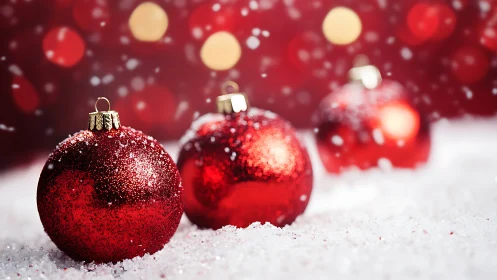 Red glitter baubles rest on snow with soft festive bokeh