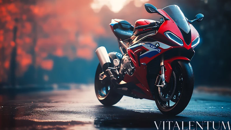 Red sport motorcycle on wet asphalt with blurred foliage.