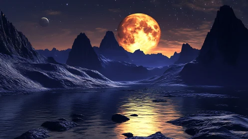 Lunar body over mountainous shoreline with reflective water.