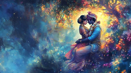 Luminescent Figurative Composition: Embracing Couple Amid Chromatic Floral Abstraction.