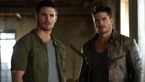 Photorealistic twin portraits in industrial ambient light framing.