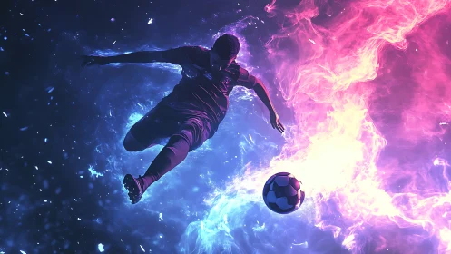 Digital soccer kick amid neon blue and pink energy flames.