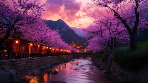 Cherry blossoms over lanternlit river and temple at dusk.
