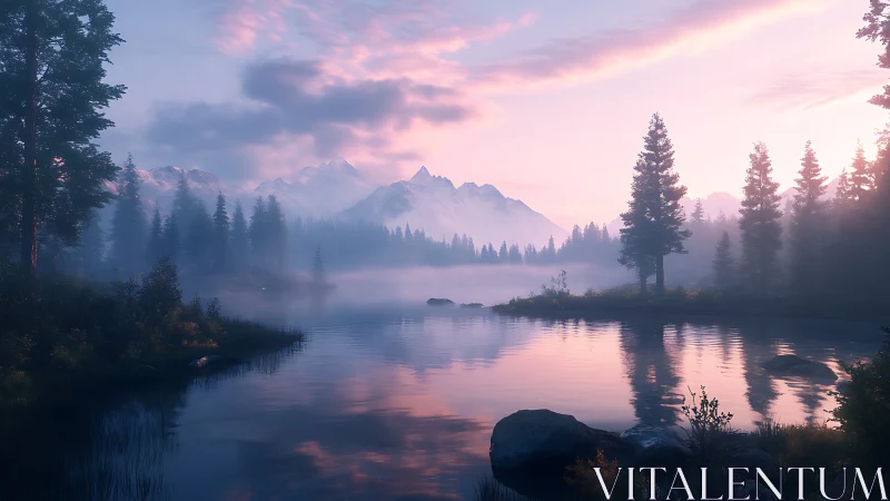 Mountain lake reflects pine trees under pink dawn sky