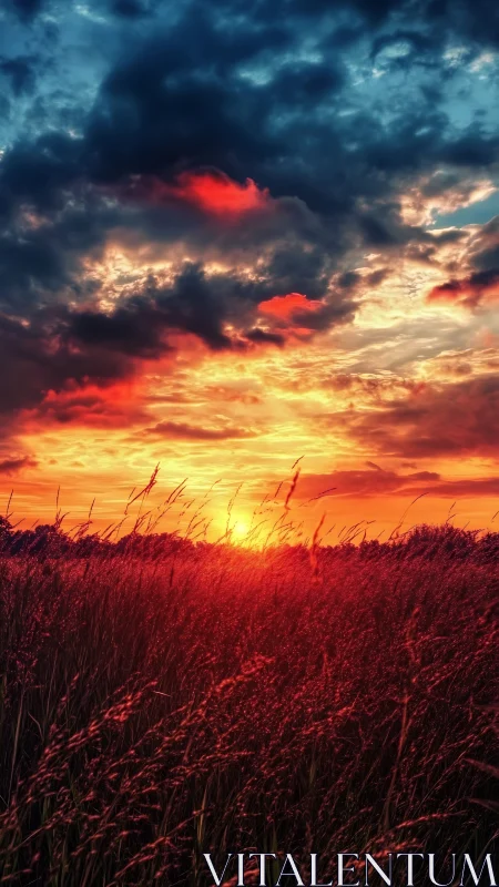 Sunset illuminates tall grass under dense, colorful clouds