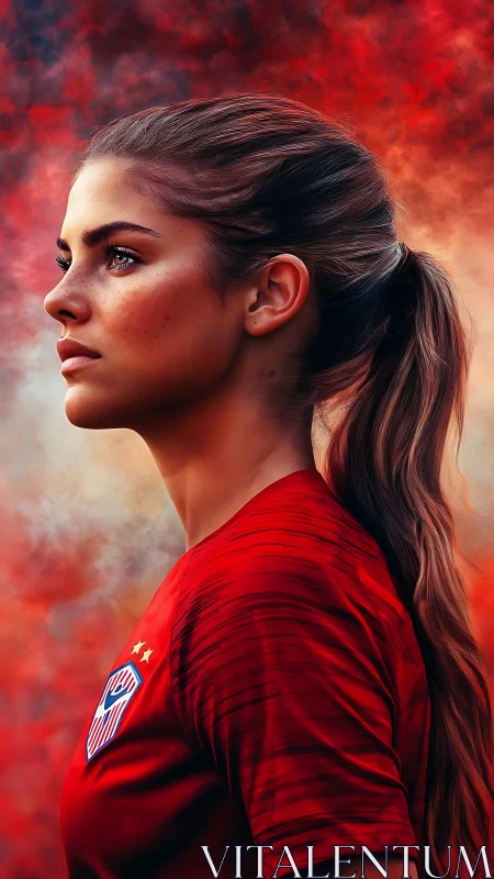 Side-lit soccer portrait in blazing red atmospheric smoke.