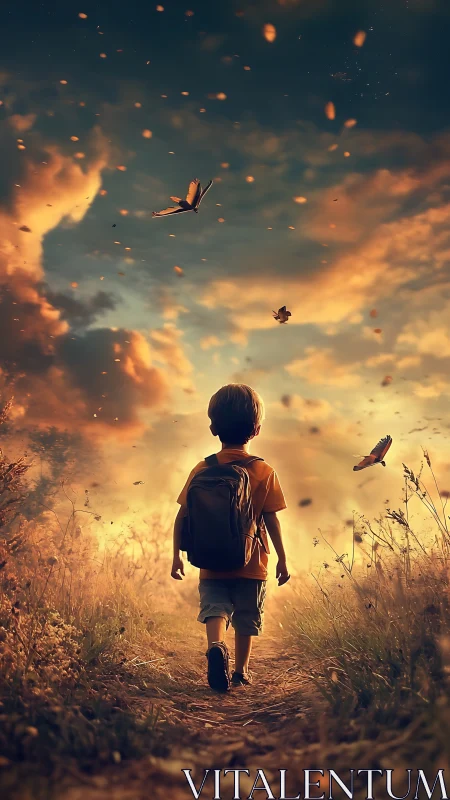 Digital painting of child walking into luminous sunset path.
