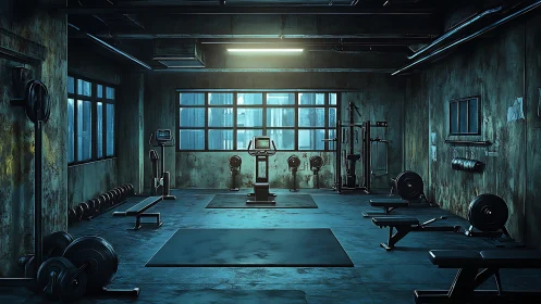 Industrial basement gym rendered with cool cinematic rim lighting