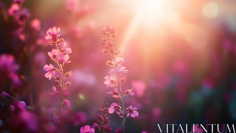 Pink flowers backlit by diffused sunlight, shallow depth of field.